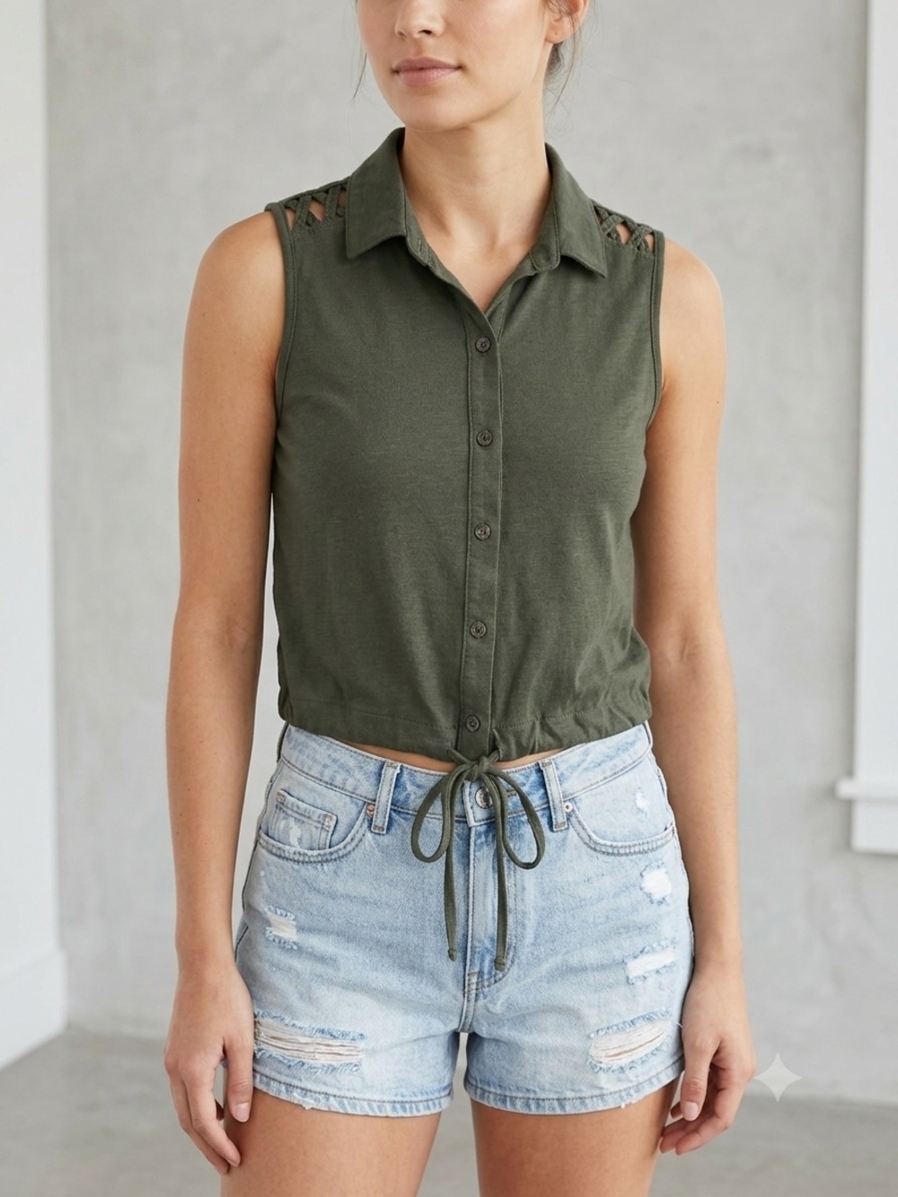 No Boundaries Olive Sleeveless Button-Front Tie Top with Shoulder Cutouts  WS206